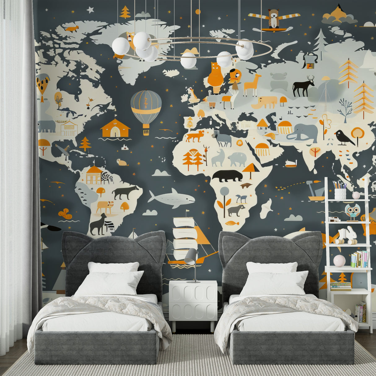 Children's study area featuring world map wallpaper with playful animal illustrations