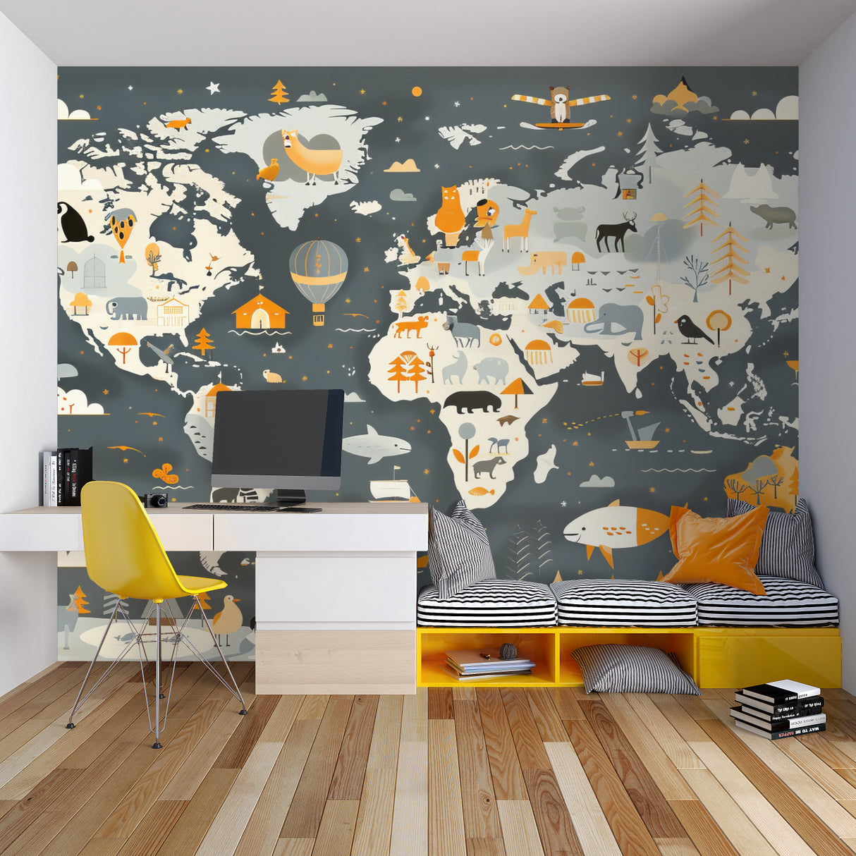 World map wall mural bringing geography and adventure to a homeschool classroom