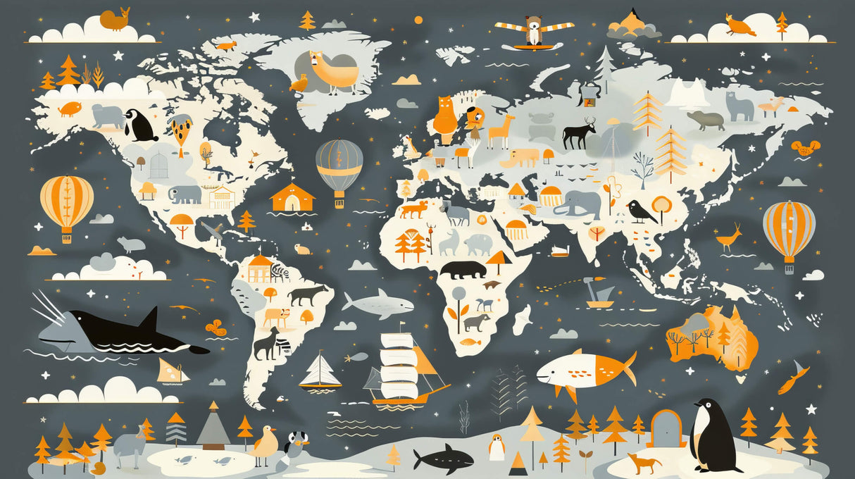 World map wallpaper design file showing detailed animal illustrations and geographical features