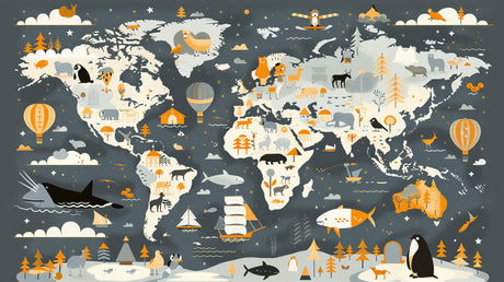 World map wallpaper design file showing detailed animal illustrations and geographical features