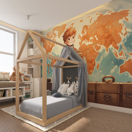 World map wallpaper in bright kids bedroom showing anime-style design with educational elements