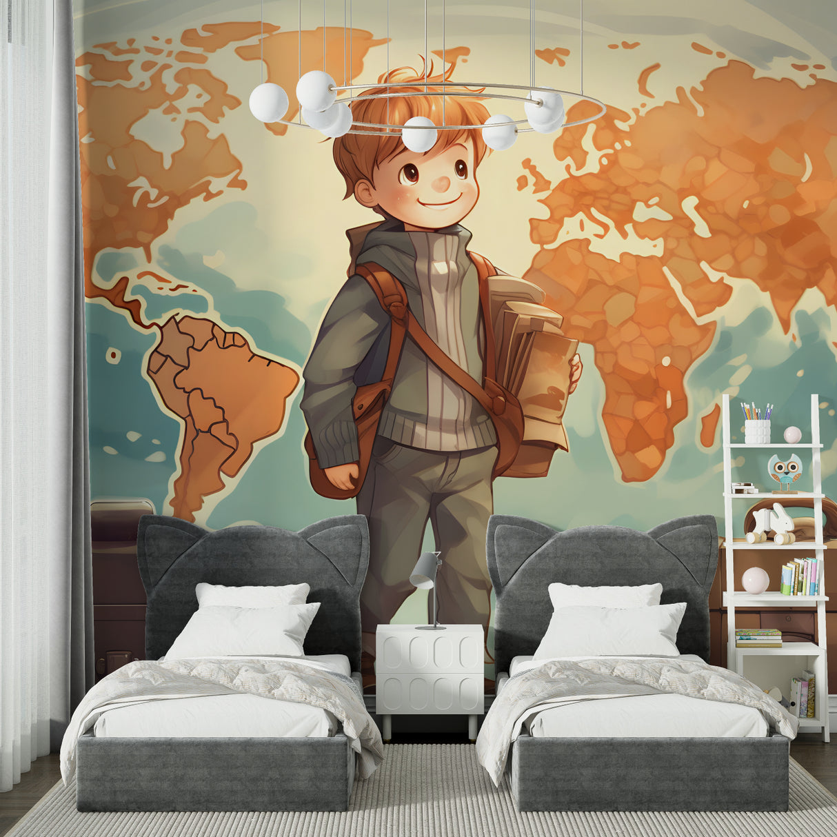 Anime world map wallpaper brightening playroom wall with reading nook