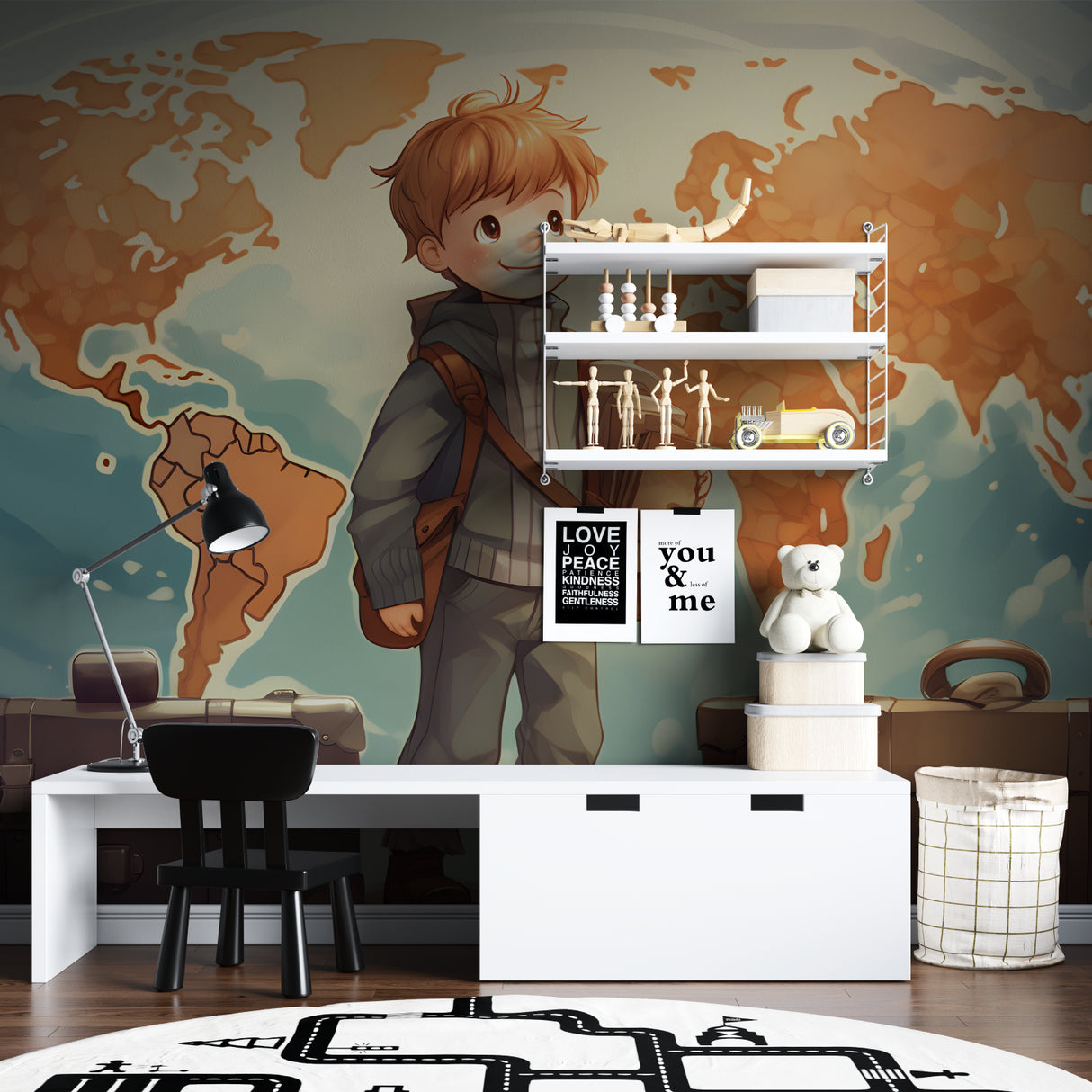 Kids map wallpaper creating learning space in home classroom setting