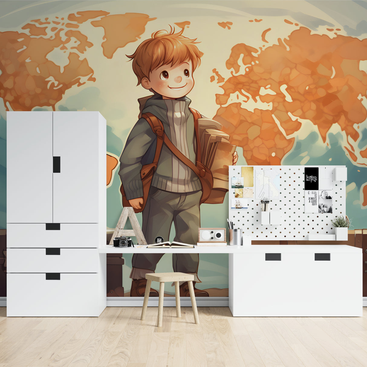 World map mural showcased in family room with educational corner