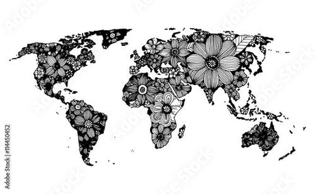 World map wallpaper design file showing detailed black and white floral pattern forming continents