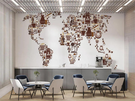 World map coffee wall mural creating a warm atmosphere in a modern dining room with brown and gold accents