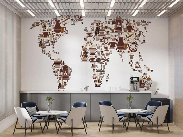 World map coffee wall mural creating a warm atmosphere in a modern dining room with brown and gold accents