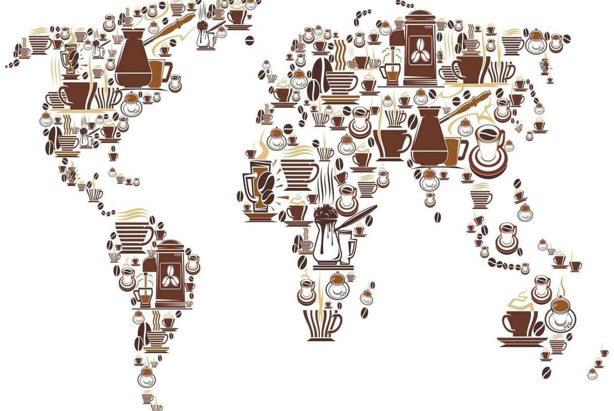 Coffee-themed world map wallpaper design file showing intricate pattern of coffee beans and cups in brown and gold