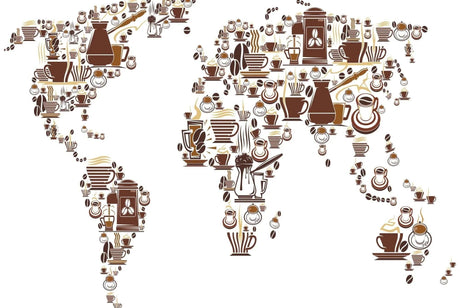 Coffee-themed world map wallpaper design file showing intricate pattern of coffee beans and cups in brown and gold