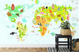 World Map wallpaper with colorful animals bringing life to a bright modern classroom setting