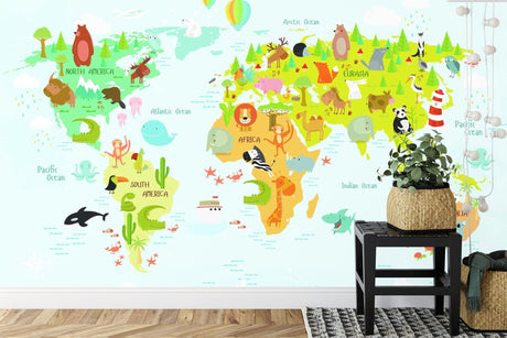 World Map wallpaper with colorful animals bringing life to a bright modern classroom setting