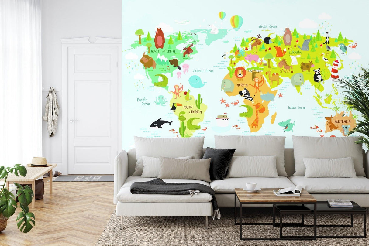 Educational World Map mural creating a playful atmosphere in a child's study corner