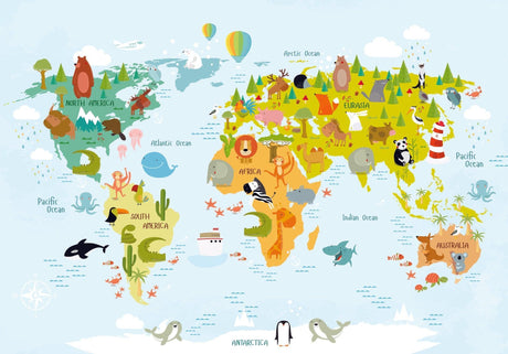 World Map animal design file featuring detailed continents and charming wildlife illustrations