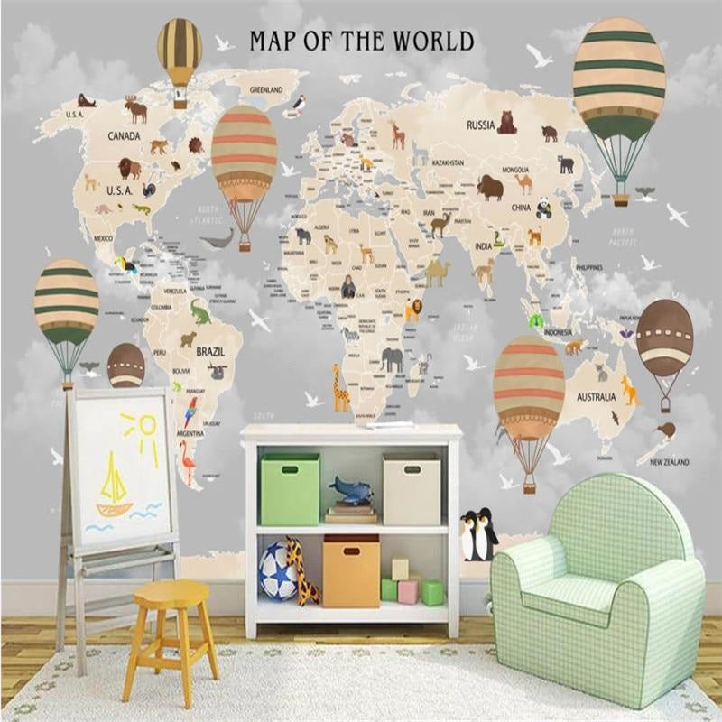 World map wallpaper featured in playroom with toy storage and learning area