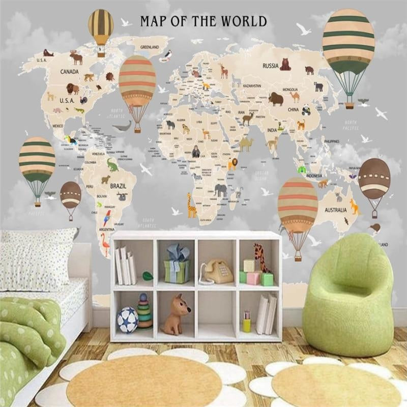 Kids world map mural in classroom setting with reading corner and educational displays