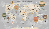 World map wallpaper design file showing detailed continents, animals, and floating hot air balloons
