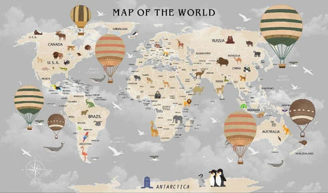 World map wallpaper design file showing detailed continents, animals, and floating hot air balloons