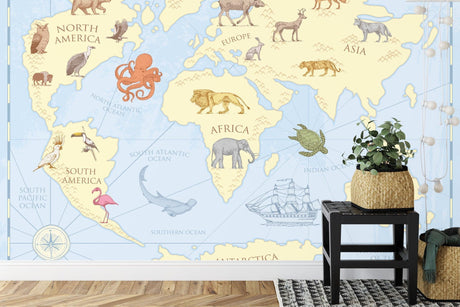 Educational World Map Wallpaper with animals shown in bright kids bedroom, perfect for learning and play