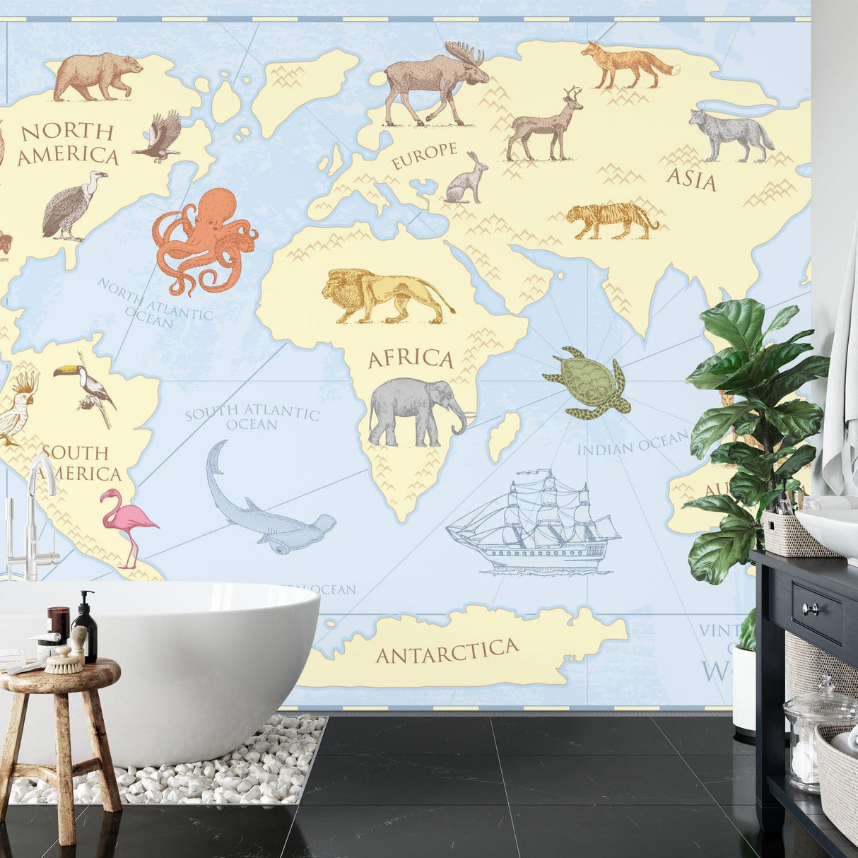 World Map Animal Wallpaper creating an engaging study corner in home office space