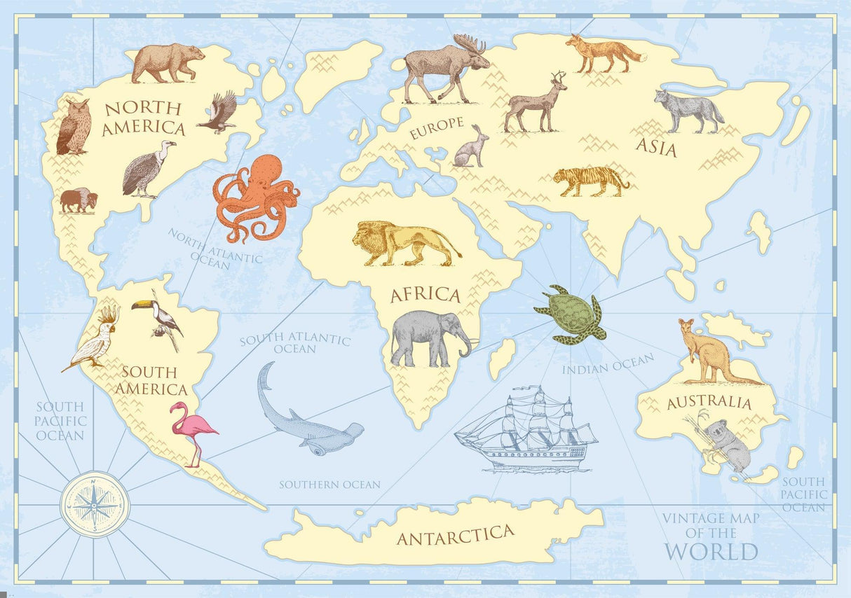World Map Wallpaper design file showing detailed animal illustrations and geographic features