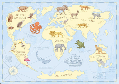 World Map Wallpaper design file showing detailed animal illustrations and geographic features