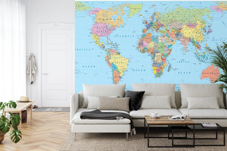 Educational World Map Wallpaper displayed in modern home office with desk and natural lighting