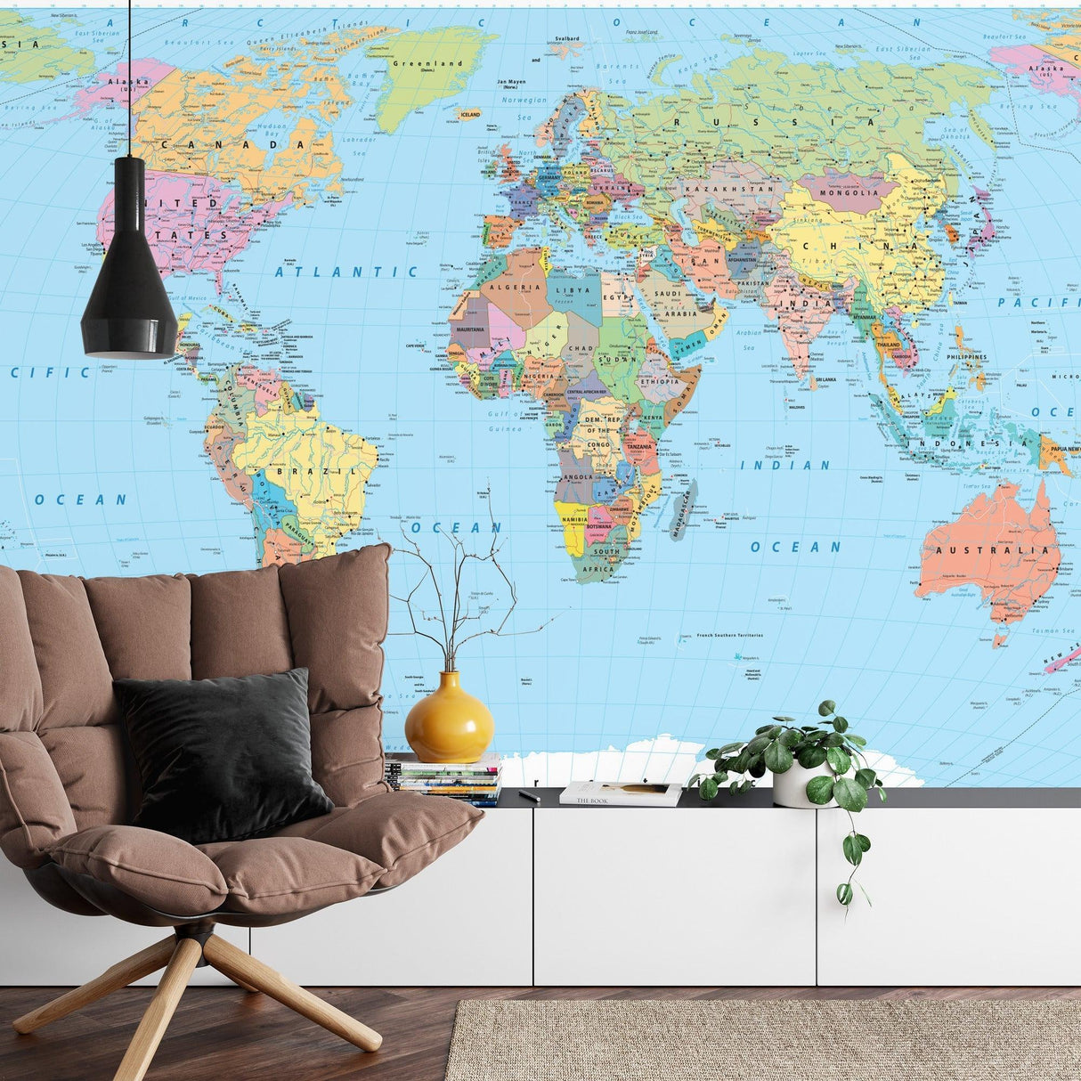 Colorful World Map Mural featured in children's study room with reading nook