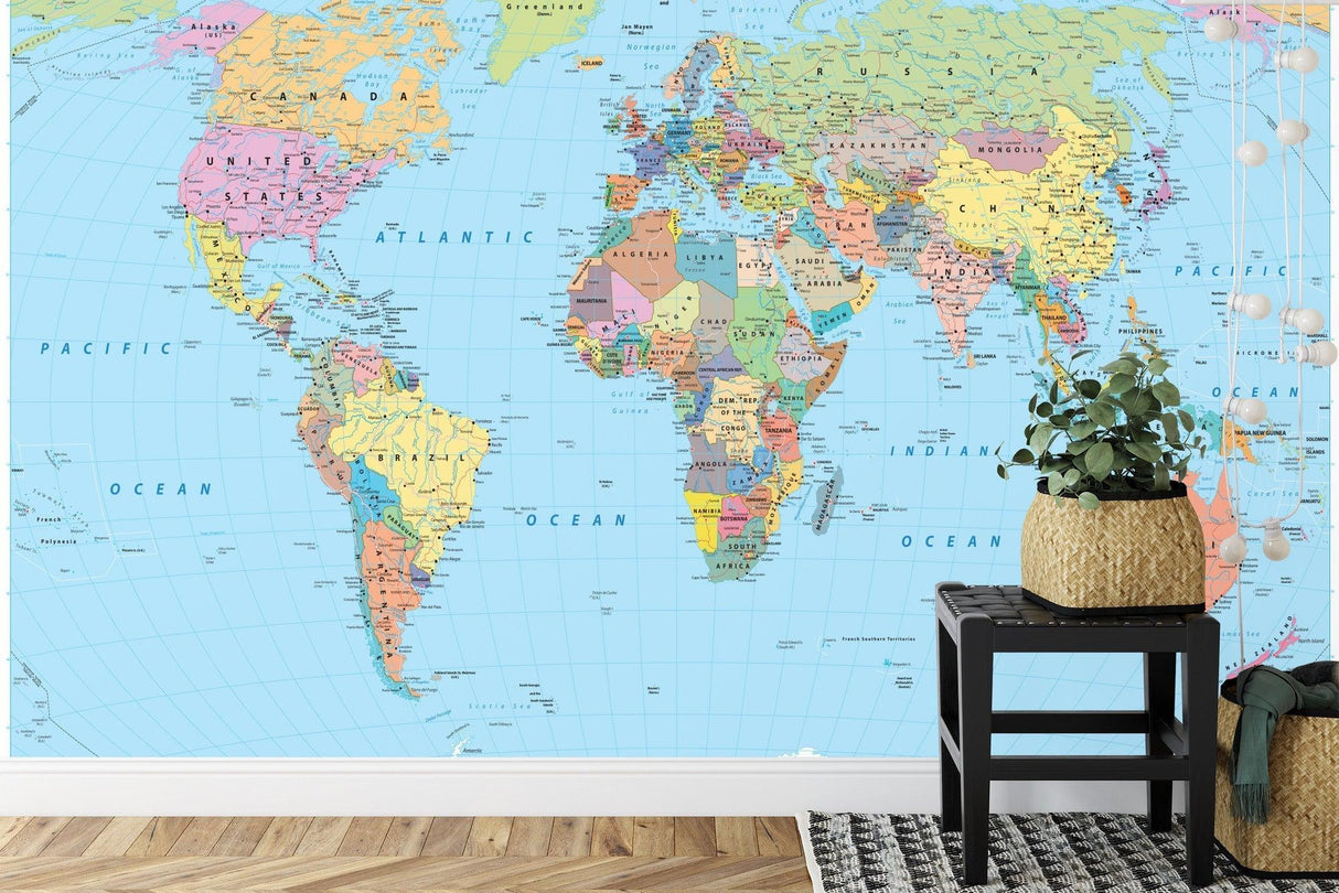 World Map Wall Mural showcased in school classroom setting with modern furniture