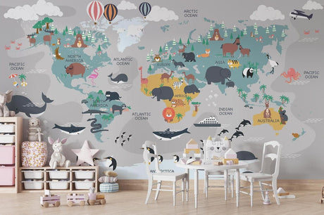 World map wallpaper bringing education alive in a bright modern playroom with wooden furniture