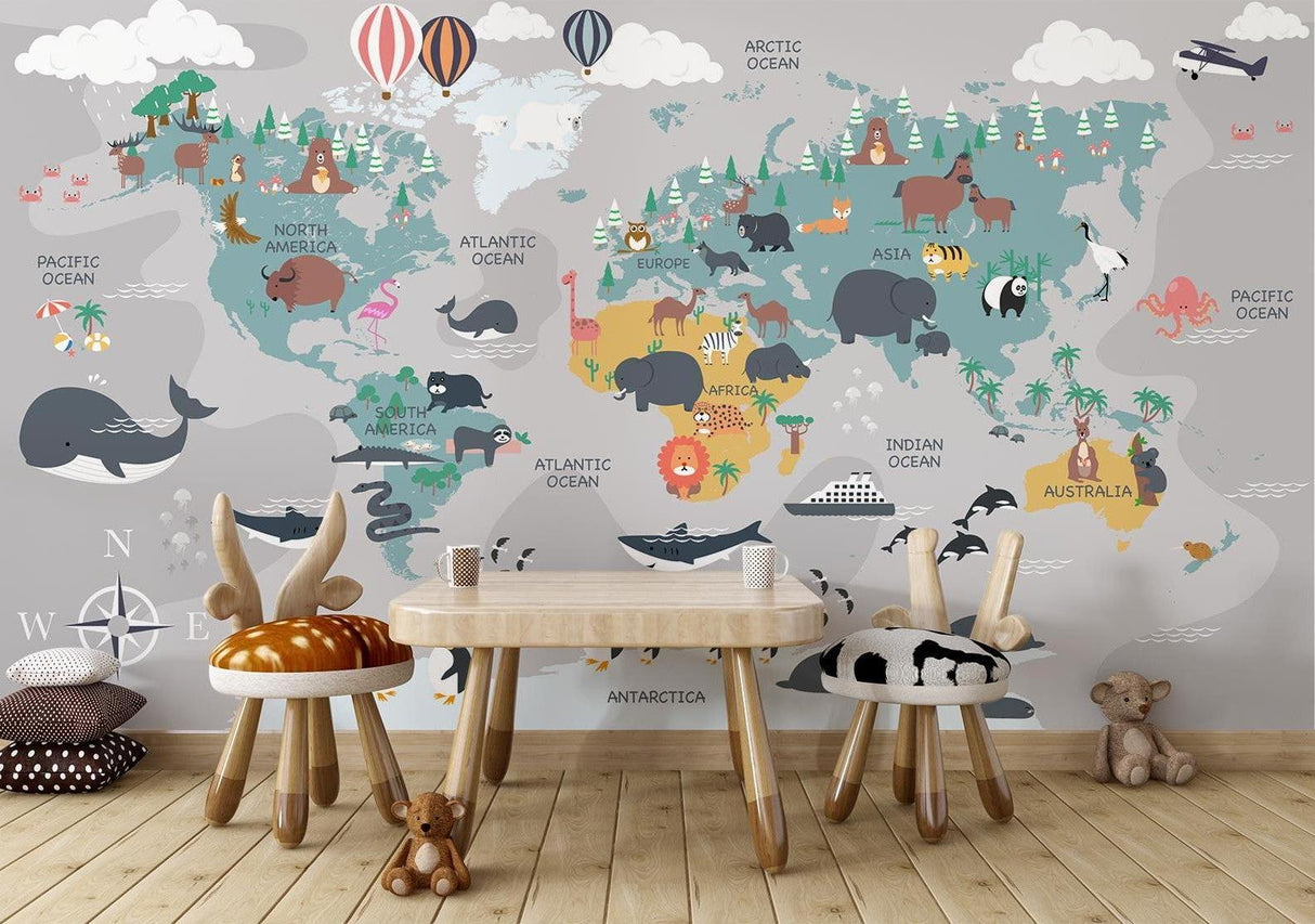 Educational map mural creating a learning corner in a child's bedroom with reading nook