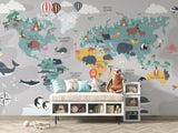 Kids world map wallpaper installed in a homeschool room with study desk