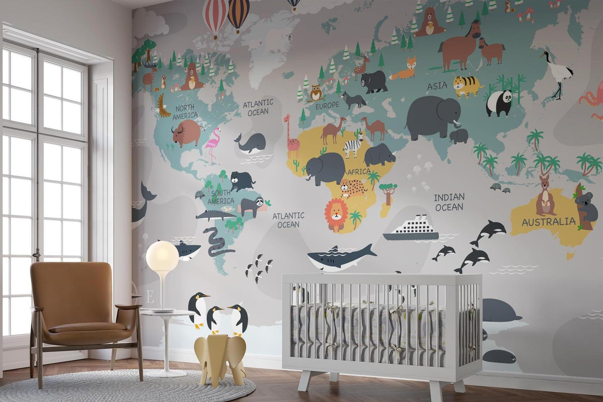 Educational world map design in a kindergarten classroom setting