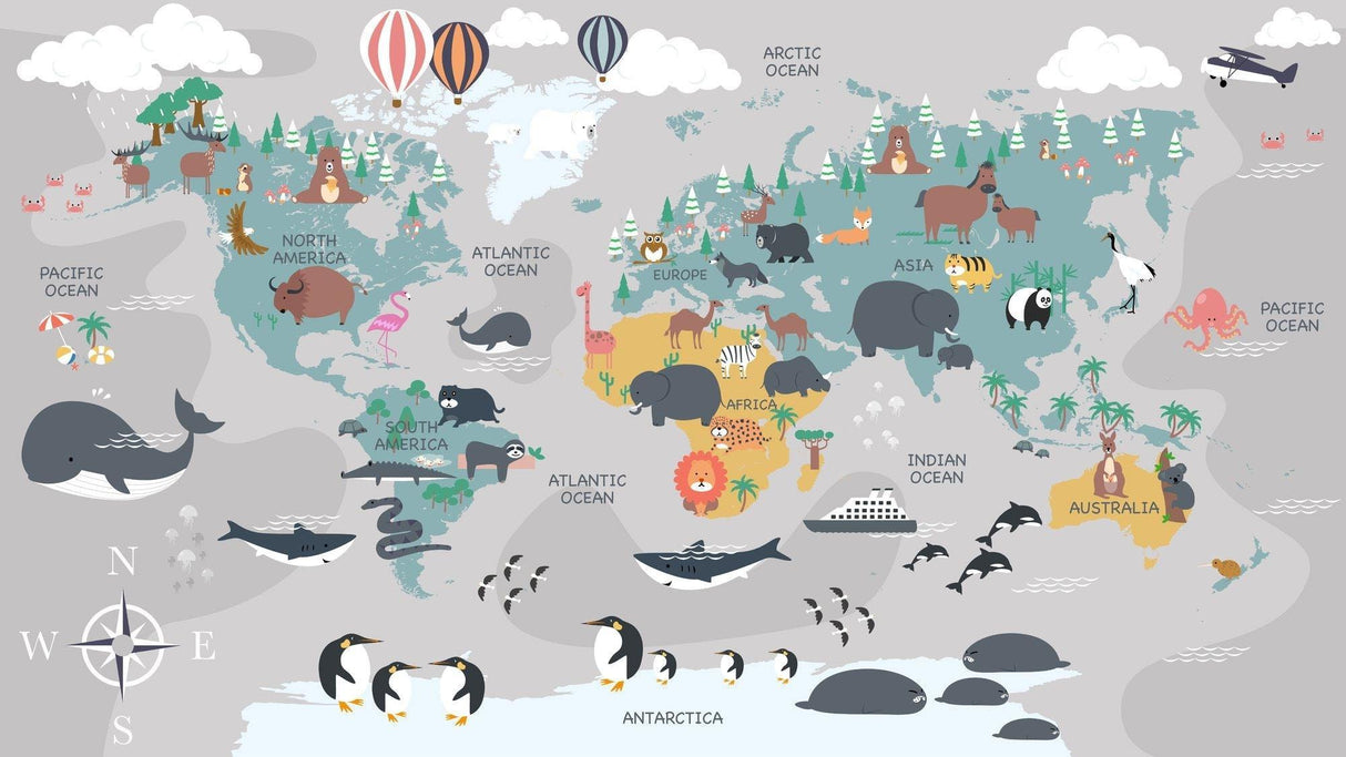 World map wallpaper design file showing detailed animals and educational elements on soft background