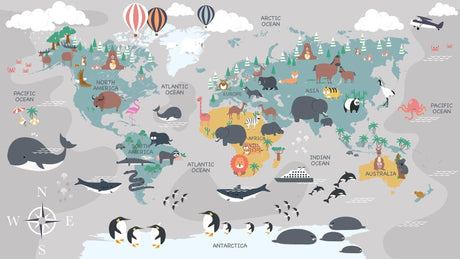 World map wallpaper design file showing detailed animals and educational elements on soft background