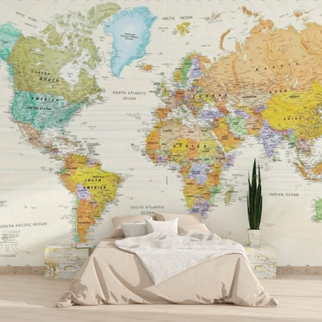 Educational World Map Wallpaper in modern home office showing detailed political boundaries