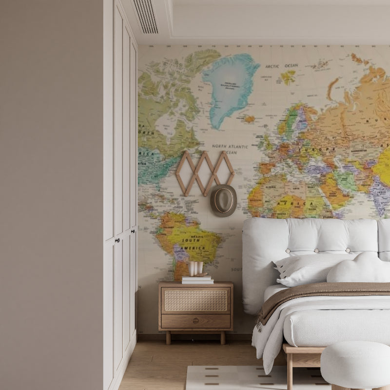 World Map Wall Mural displayed in bright kids bedroom with study desk