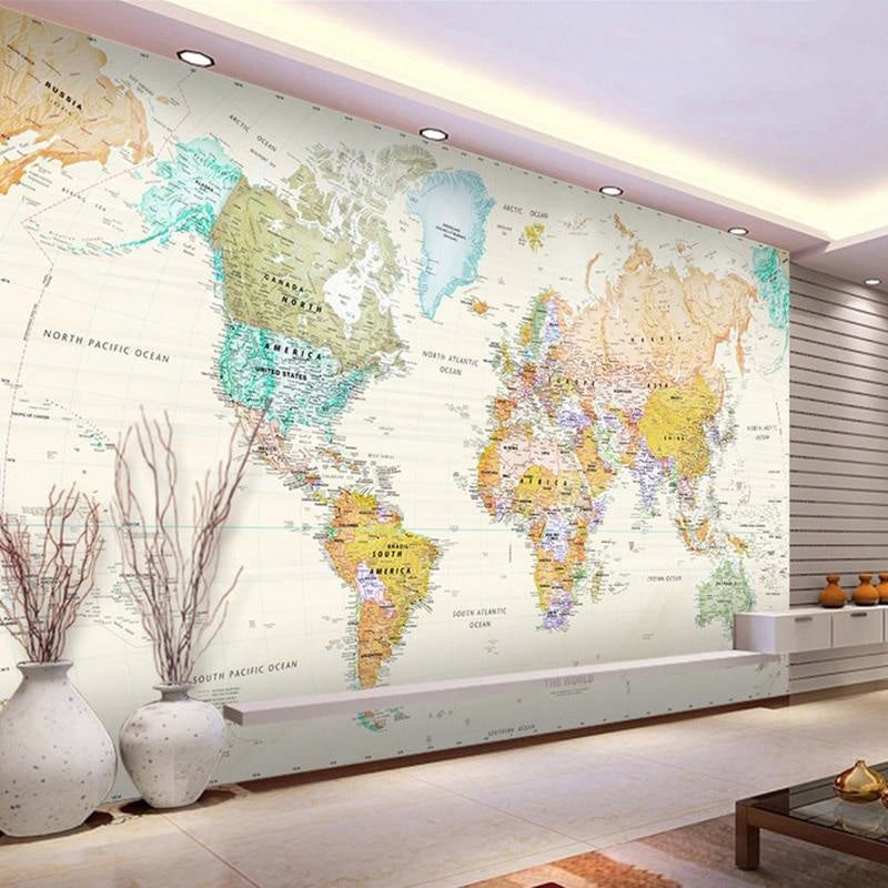 Political Map Mural in living room showing full wall application