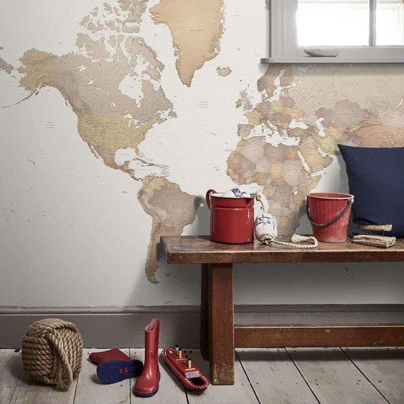 Map wallpaper creating a stunning feature wall in living room setting