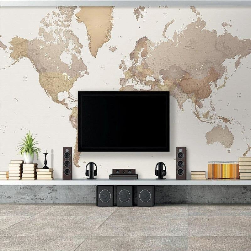 Beige and white world map wallpaper in a classroom environment