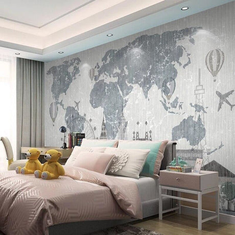 Grey World Map Wallpaper styled in modern home office with desk and natural lighting