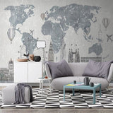 Grey World Map design displayed in modern dining room with minimal decor
