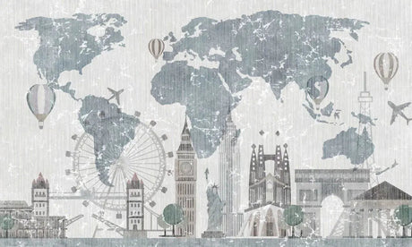 World Map Wallpaper design file showing detailed grey travel icons and landmarks pattern