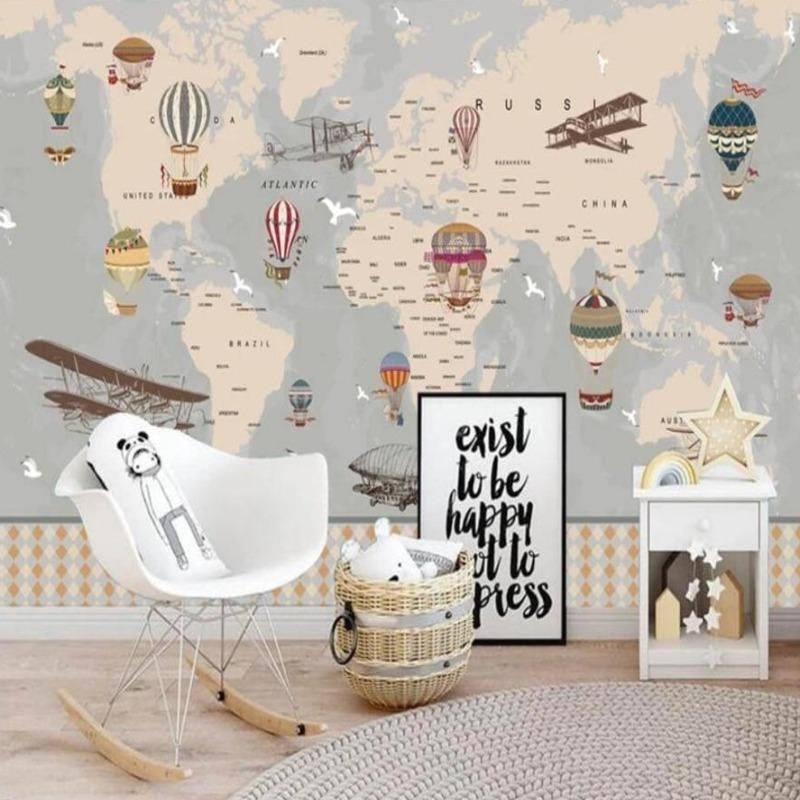World map wallpaper with hot air balloons creating an educational atmosphere in a bright modern playroom