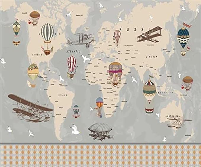 World map wallpaper design file showing detailed continents with floating hot air balloons and planes