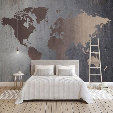 Bronze World Map Mural Wallpaper in modern home office with grey desk and leather chair