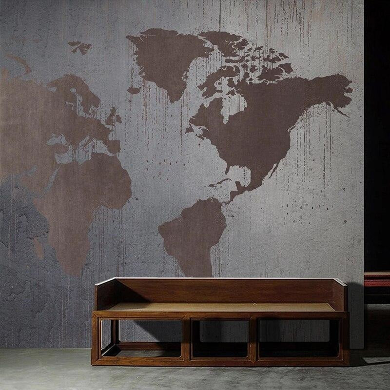 Grey and Bronze World Map Mural in corporate meeting room with glass table