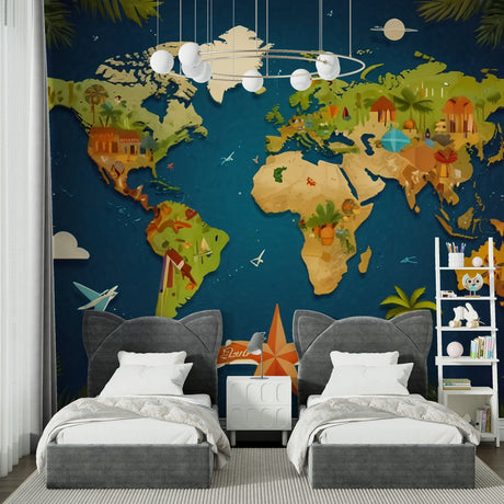 Educational World Map Wallpaper bringing adventure to a bright kids bedroom with desk and reading nook