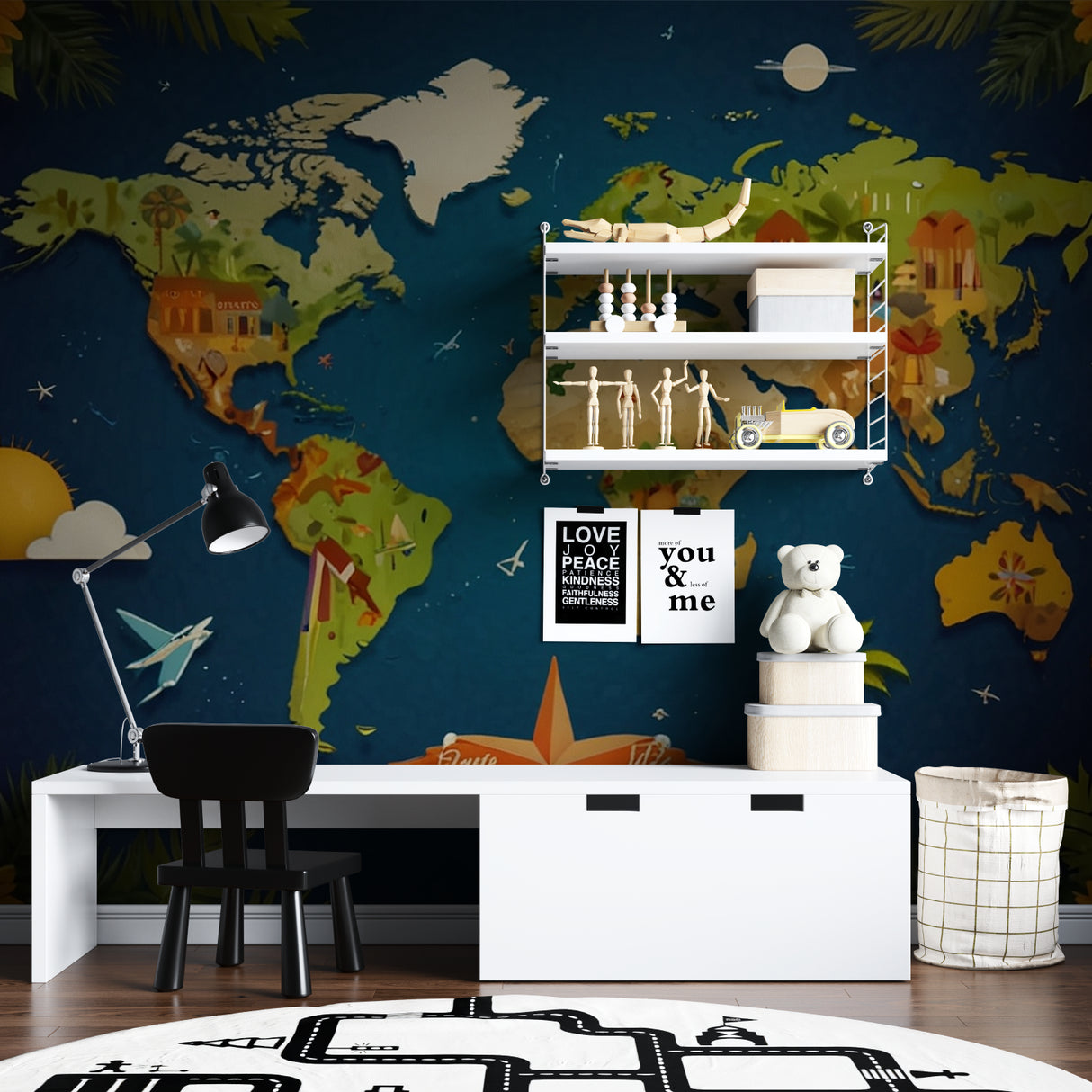 Kids World Map Mural creating an engaging learning space in a modern playroom with toys
