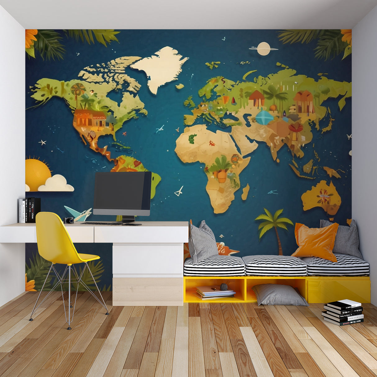 World Map Wall Mural making a statement in a children's library corner with reading chair