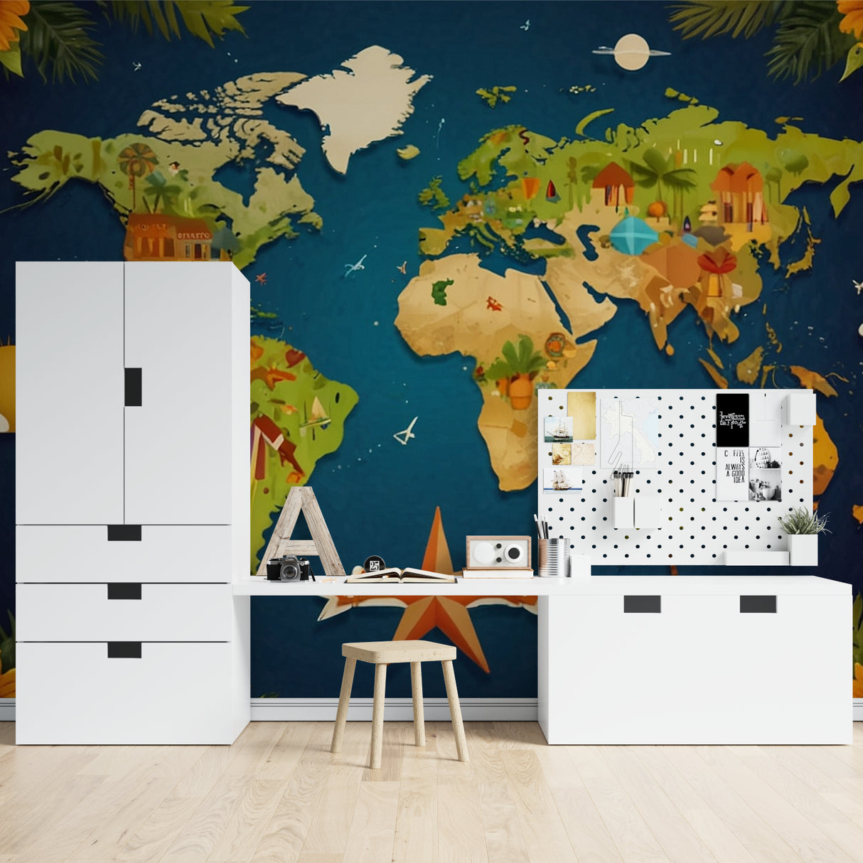 Kids Map Wallpaper adding educational value to a cozy homework space with desk